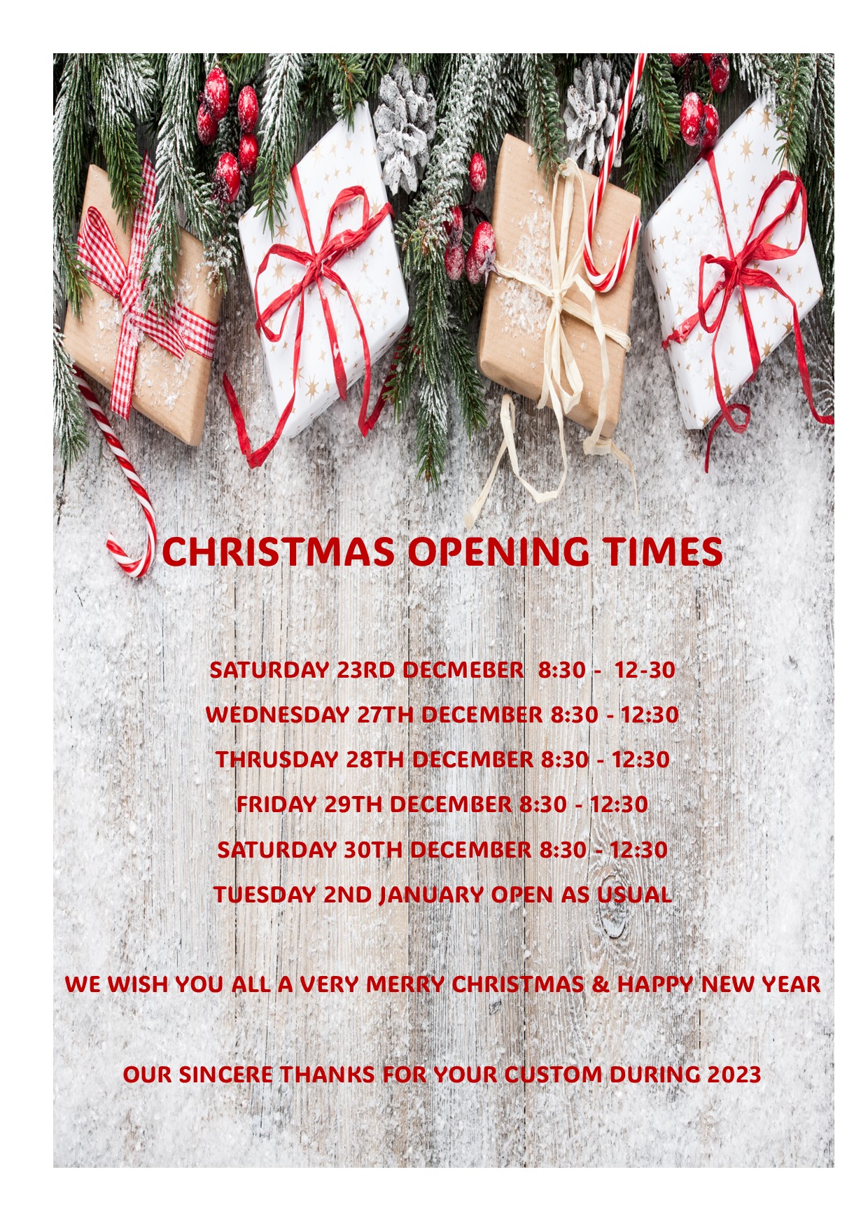 CHRISTMAS 2023 OPENING TIMES